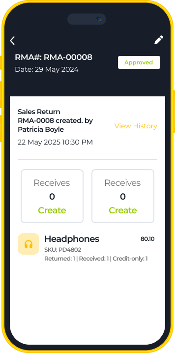 A smartphone screen displays a sales return (RMA-00008), approved, with return date 29 May 2024. It shows item details for headphones (SKU: PD4802), quantity returned: 1. Options to create more return receipts are visible, as well as the item’s credit amount.