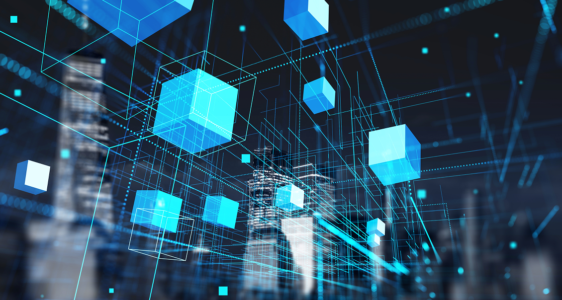 A digital illustration of glowing blue and transparent cubes connected by lines, floating in a futuristic cityscape. The design suggests concepts of blockchain, data networks, or digital information exchange over a dark, high-tech urban background.