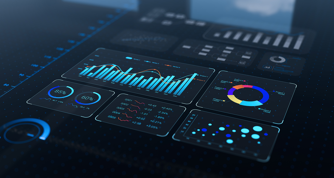 A digital dashboard displays various data visualizations, including bar and line graphs, pie charts, circular progress indicators, and scatter plots on a dark interface, representing analytics or business statistics in a modern, high-tech style.