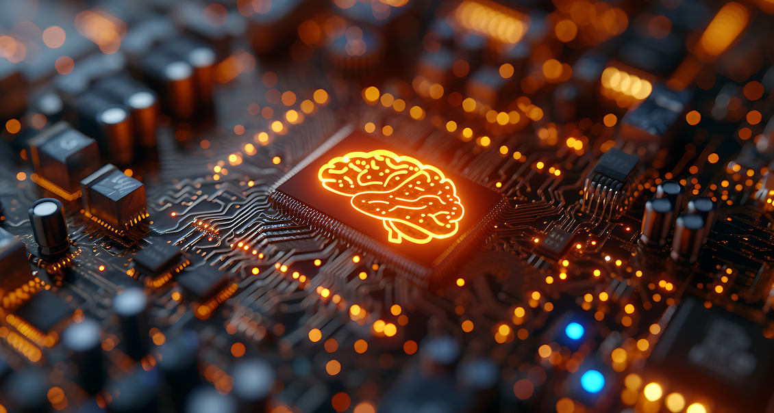A glowing microchip with an illuminated brain symbol in orange sits on a dark circuit board, surrounded by small components and lit traces, symbolizing artificial intelligence and advanced technology.