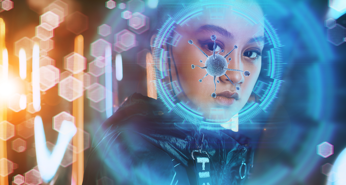 A person looks forward, overlaid with a glowing blue digital interface, including a circular HUD and a virus-like graphic centered on their face, suggesting themes of technology, biometrics, and health. Warm and cool lights create a futuristic atmosphere.