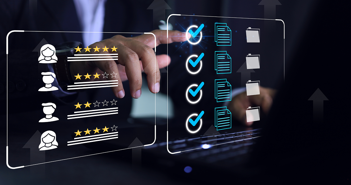 A person in a suit uses a laptop with virtual interfaces showing user profiles and star ratings on the left, and checklists with folders and document icons on the right, highlighting completed tasks and reviews in a digital business environment.
