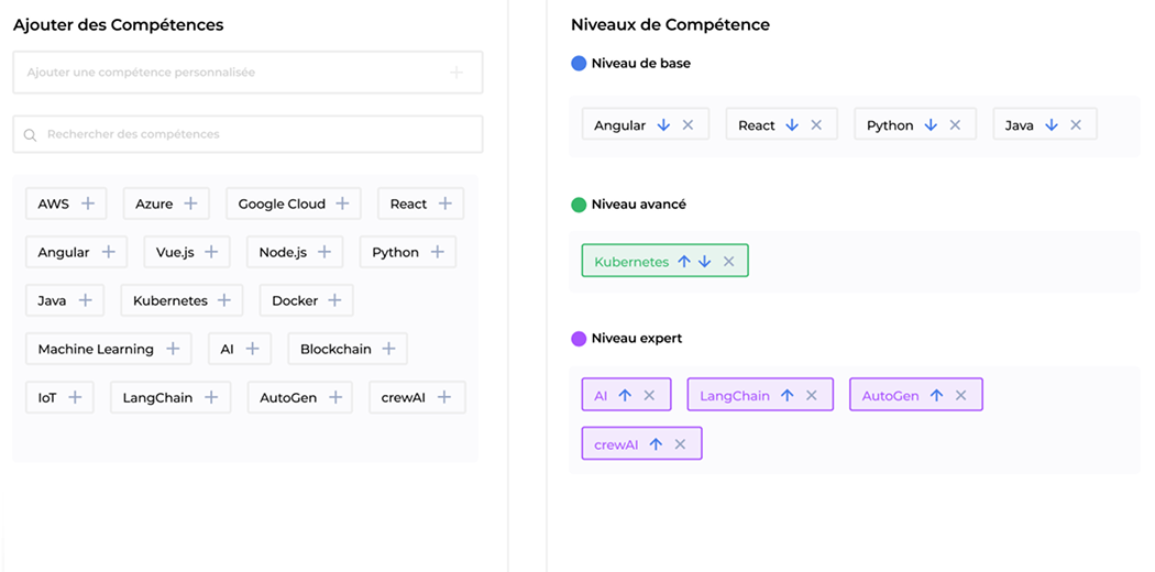 A user interface in French for adding and categorizing skills. On the left, selectable skill tags like AWS, Python, Java, and Docker. On the right, skills are sorted into “Niveau de base,” “Niveau avancé,” and “Niveau expert” with colored tags.
