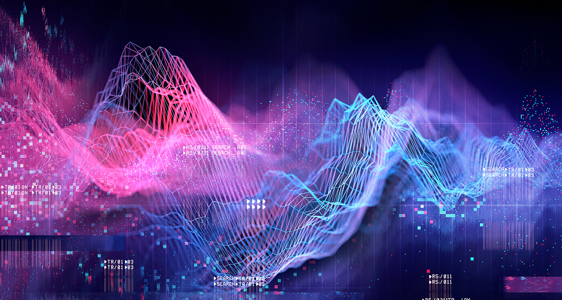 A vibrant digital landscape with 3D grid waves in pink and blue, forming peaks and valleys on a dark background. Small dots and data points scatter around, evoking a sense of futuristic data visualization or network analysis.