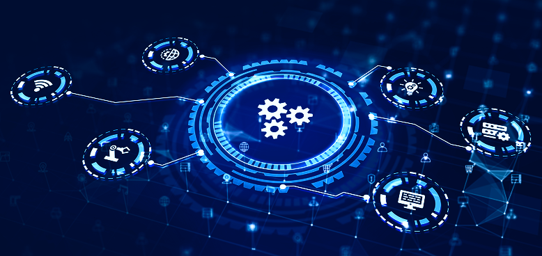 A digital illustration shows interconnected technology icons around central gears, symbolizing automation. Surrounding icons include Wi-Fi, cloud, robotic arm, building, laptop, and server, all connected by lines on a dark blue, futuristic background with data patterns.