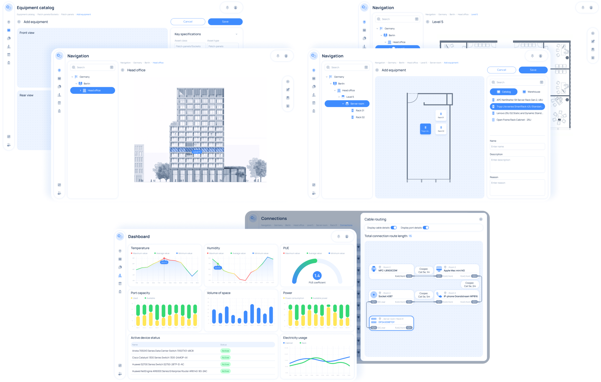 A collage of five software dashboard screens shows blue-and-white UI elements, including a building diagram, equipment catalog, floor plan, charts for temperature and humidity, bar and line graphs, and a connection flowchart. Various side navigation menus are visible.