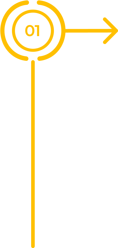 A yellow circular icon with 01 inside, outlined by two arcs. A yellow arrow extends right from the circle, and a yellow vertical line extends downward from it. The background is light gray.