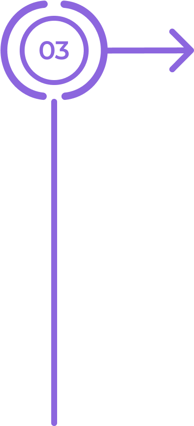 A purple outlined circle with 03 inside is connected to a vertical line below and a right-pointing horizontal arrow, all on a light gray background. The design is minimal and geometric, indicating a step or stage in a process.