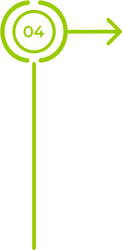 A green outlined circle with 04 inside is connected to a vertical green line below and a right-pointing arrow. The design suggests step four in a sequence, with the arrow indicating the direction to continue. The background is light gray.