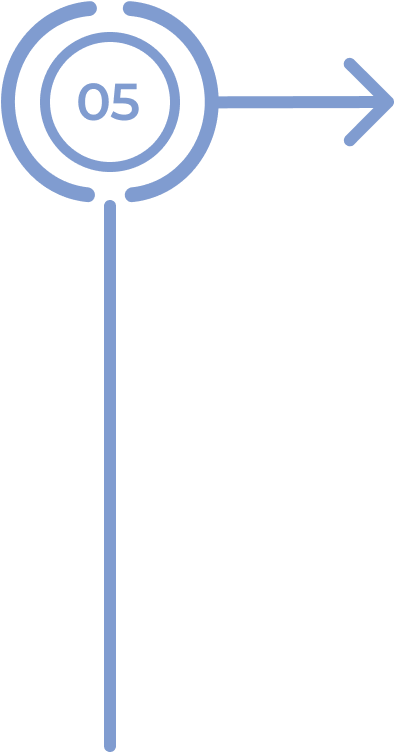 A blue outlined circle with “05” inside is partially enclosed by a broken ring. An arrow extends right from the circle, and a line runs vertically down from it. The design is on a light gray background, resembling a step in a process flow.
