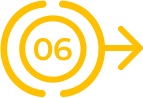 A yellow number 06 is centered inside two concentric yellow circles. To the right of the circles, a bold yellow arrow points right, indicating progression or movement. The background is light gray.