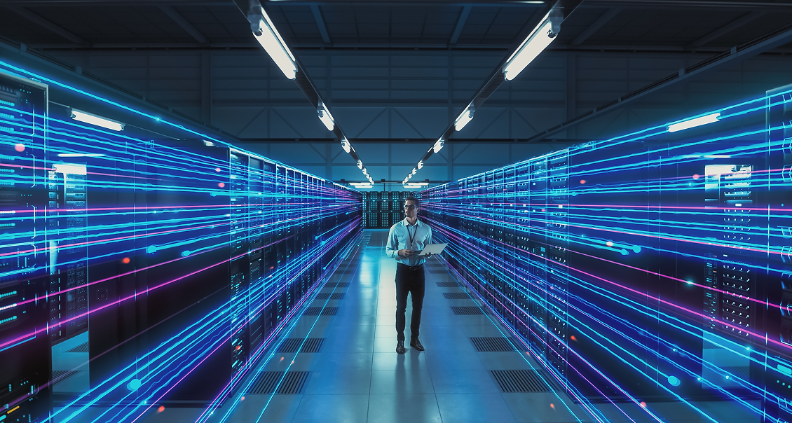 A man holding a tablet walks through a brightly lit server room lined with tall racks of servers. Blue and pink digital light trails, added graphically, stream along the aisles, symbolizing fast data transfer and advanced technology.