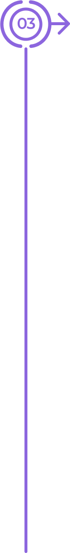 A purple target with “03” in the center and a right-pointing arrow emerging from it sits at the top of a long, vertical purple line on a light gray background. The design is simple and minimalistic.