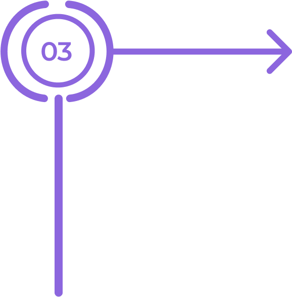 A purple outlined circle with 03 inside is connected to two thick lines, one vertical and one horizontal. The horizontal line ends with a right-pointing arrow. The overall design has a minimal, modern look on a light background.