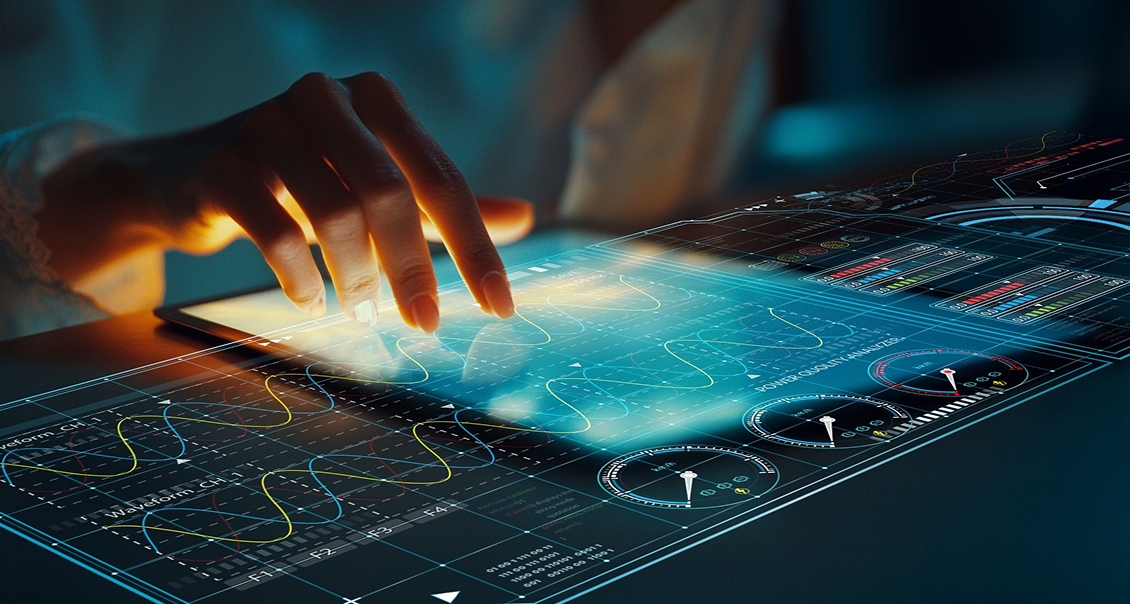 A hand interacts with a glowing, futuristic touchscreen displaying colorful graphs, charts, and data visualizations. The digital interface appears advanced, with various lines, gauges, and dynamic elements on a sleek, transparent surface.