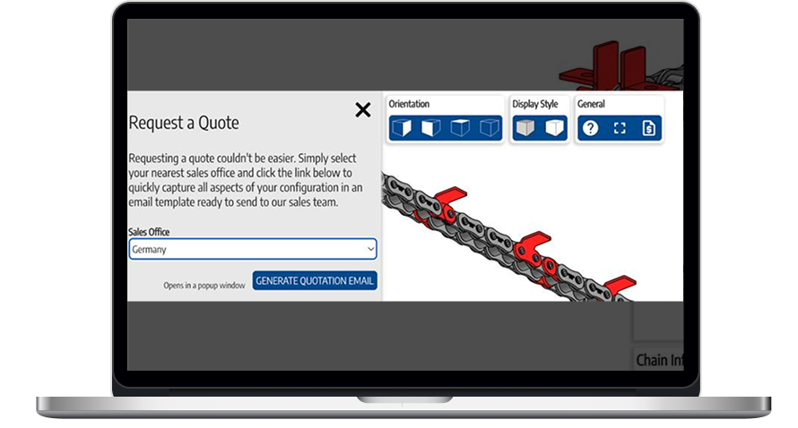 A laptop screen displays a Request a Quote form with a dropdown menu for selecting a sales office (Germany selected), a blue Generate Quotation Email button, and a technical diagram with orientation and style options above.