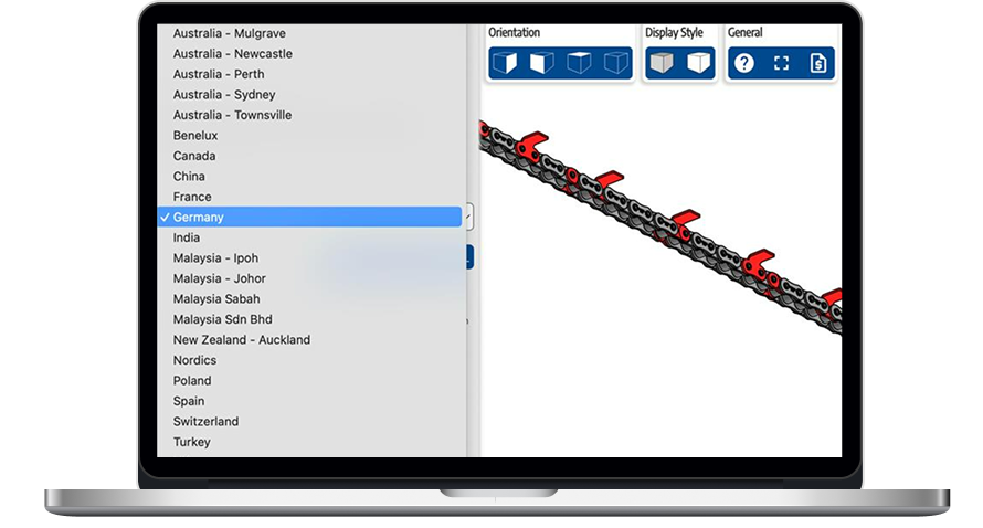 A laptop screen shows a dropdown menu with countries and cities selected over a 3D model of a conveyor system. Germany is highlighted in the menu. The right side displays blue buttons for orientation and style above the conveyor model.