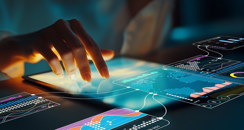 A hand interacts with a digital tablet, surrounded by floating, semi-transparent data dashboards displaying colorful graphs and charts, symbolizing data analysis and digital technology in a modern, high-tech environment.
