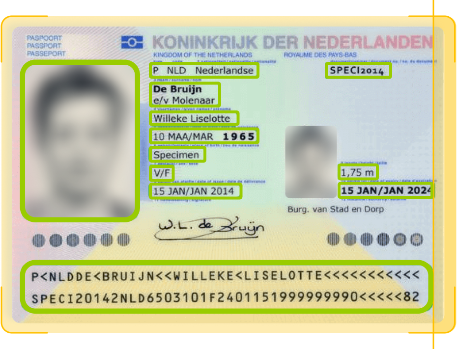 A Dutch passport for Willeke Liselotte de Bruijn with personal details, passport photo, and security features. The passport text is in Dutch and English, and highlighted sections include name, birth date, height, gender, and document number.