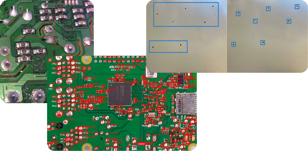 Three images: a close-up of a green circuit board showing silver solder joints; a larger green circuit board with many red and silver components and a central microchip; and a metallic panel with blue-outlined rectangular and square cutouts.