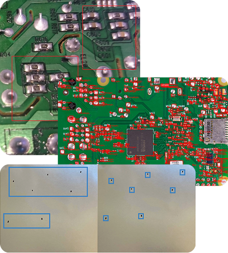 A collage of three images shows close-ups of green circuit boards with red components and microchips, overlaid with a photo of a metal plate featuring multiple cutouts and small square and rectangular holes highlighted in blue.