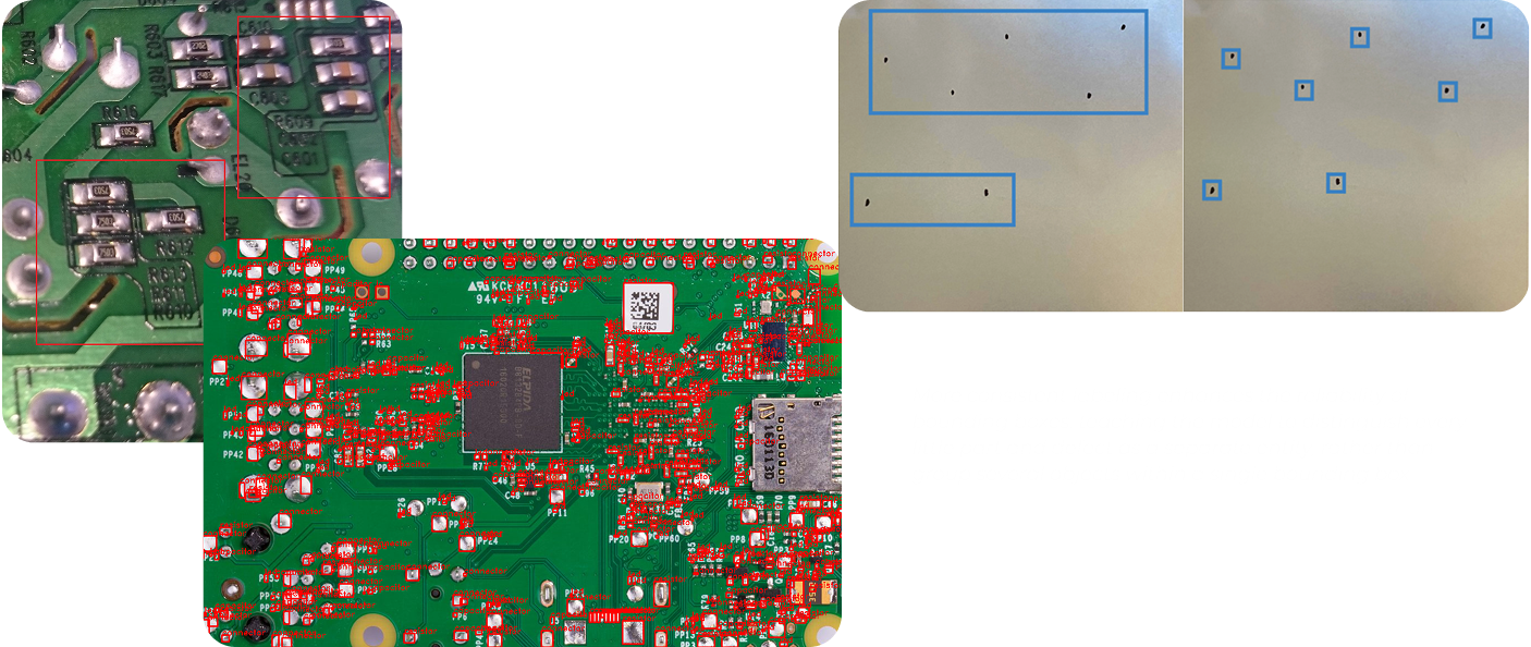 A collage showing two close-up images of green circuit boards with various electronic components and solder points, and one image of a metallic surface with blue rectangular and square outlines marking different areas. Text is faintly visible in the bottom right corner.
