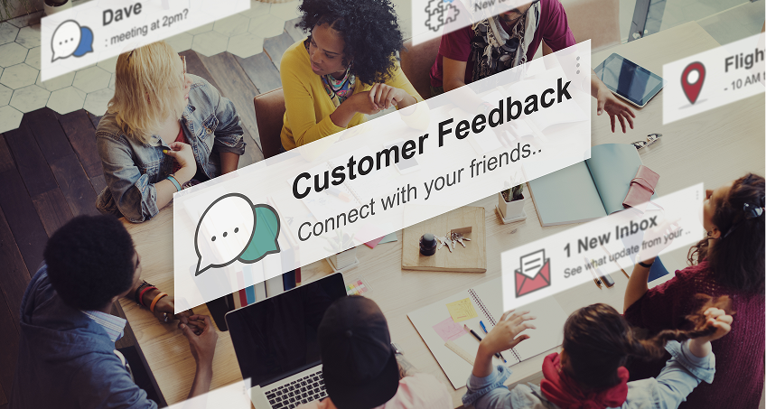 A diverse group of six people sit around a table with papers, coffee, and devices, engaged in discussion. Overlaid text reads Customer Feedback: Connect with your friends. Notification icons and messages appear around the image.