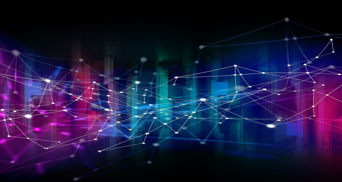 Abstract digital background featuring colorful, blurred vertical bars in blue, purple, and pink tones. White interconnected dots and lines form a network across the center, suggesting technology, data, or connectivity concepts.