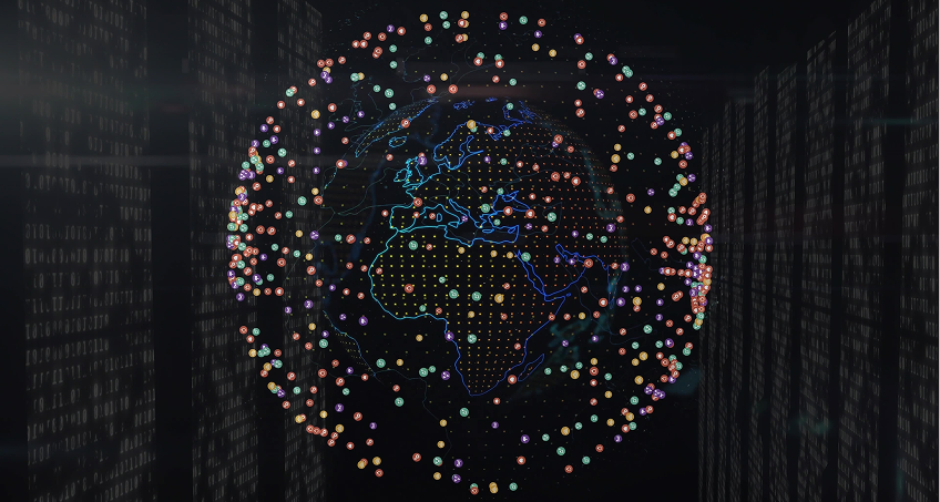 A digital rendering of Earth, centered on Africa and Europe, is overlaid with blue outlines and surrounded by colorful, glowing dots. The background is dark with faint binary code, evoking themes of global connectivity and digital networks.