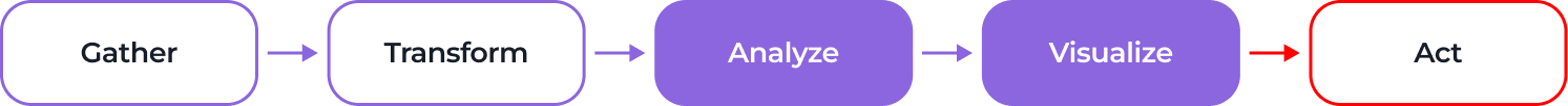 A horizontal flowchart with five rounded rectangles labeled: Gather, Transform, Analyze, Visualize, and Act. Blue arrows connect each step, except the last arrow to Act, which is red. Act is outlined in red, while the others are outlined in purple.