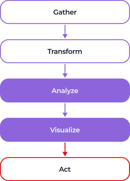 A vertical flowchart with five steps: Gather, Transform, Analyze, Visualize, and Act. Each step is in a rounded rectangle, connected by arrows. “Act” is outlined in red, while “Analyze” and “Visualize” are highlighted in purple.