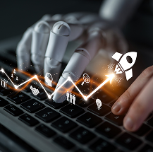 A robotic hand and a human hand type on a keyboard together. A glowing, upward-trending arrow with digital icons, including a rocket, overlays the scene, symbolizing technology, AI collaboration, and business or innovation growth.