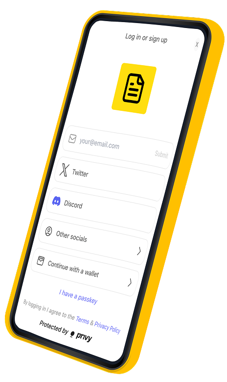 A smartphone screen displays a login or sign-up page with options for email, Twitter, Discord, other socials, and wallet login. A yellow icon with a document is at the top. Protected by privy is shown at the bottom. The phone has a yellow border.