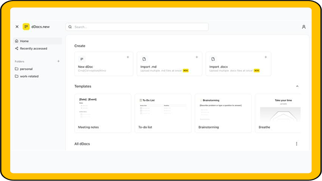 A screenshot of a document creation web interface. The sidebar has options for Home, Recently accessed, and two folders: personal and work-related. The main section shows options to create new documents or import .md/.docx files, and templates for meetings, to-do lists, and brainstorming.