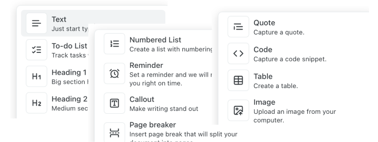 A cropped menu displays options like Text, To-do List, Heading 1, Heading 2, Numbered List, Reminder, Callout, Page breaker, Quote, Code, Table, and Image, each with a brief description and an icon on a white background.
