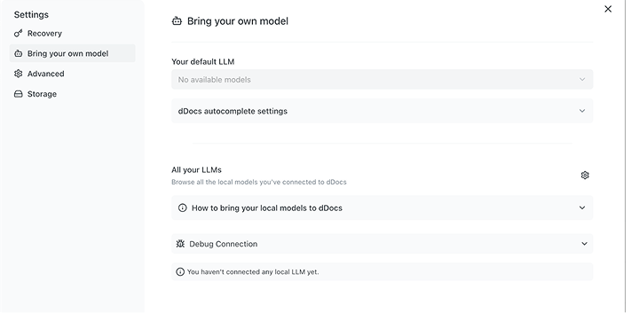 Screenshot of a settings page titled Bring your own model. The menu on the left lists options like Recovery, Bring your own model, Advanced, and Storage. The main section shows dropdowns for LLM settings and messages about no available models.