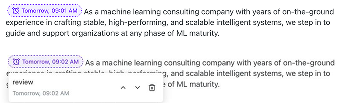 Screenshot showing a text box with a message about a machine learning consulting company. Below, a comment labeled review appears, showing the time Tomorrow, 09:02 AM, with a dotted outline connecting it to highlighted text in the message above.
