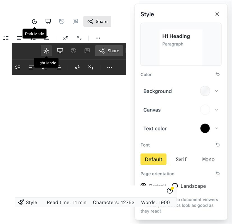 Screenshot showing a text editor interface with style options. Dark Mode and Light Mode toggles are visible. The Style panel on the right shows font, color, and page orientation settings. A toolbar and a status bar with word and character counts are also shown.