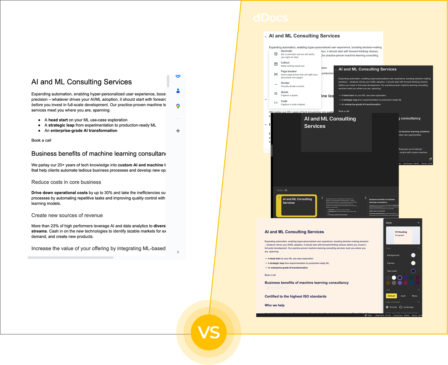 Split image comparing Google Docs (left, white interface with AI consulting text) and multiple dDocs screens (right, dark and light interfaces showing the same content). Bottom center shows a yellow “VS” circle, dividing the two sides.