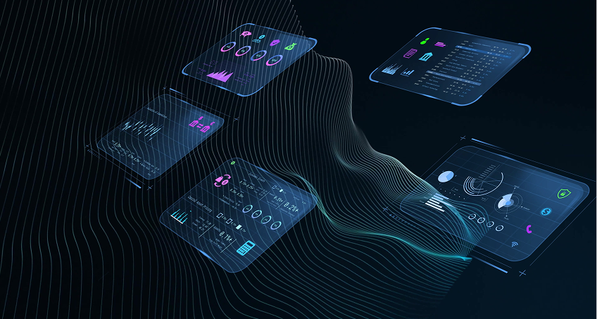 Floating transparent digital data panels with colorful graphs, charts, and icons are displayed above a dark, wavy grid background, representing futuristic data visualization and analytics in a high-tech virtual environment.