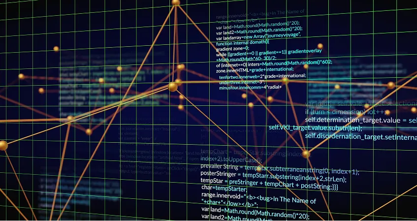 A digital visualization showing intersecting orange lines and nodes over a dark background with faint code snippets, including Python, displayed on a green grid. The image evokes themes of data, networks, and programming.