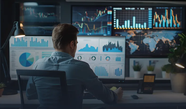 A man sits at a desk in a dimly lit office, analyzing data on multiple large monitors displaying charts, graphs, and world maps. The screens show financial statistics and global market trends. Desk items include a lamp, phone, and potted plants.