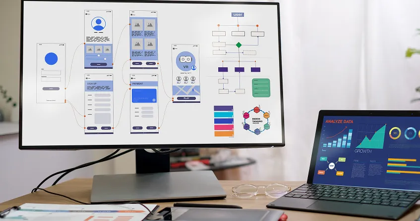 A monitor displays mobile app wireframes and flowcharts, while a nearby laptop shows colorful charts and graphs with Analyze Data and Growth on the screen. Glasses, a pen, and papers sit on the wooden desk in a modern workspace.