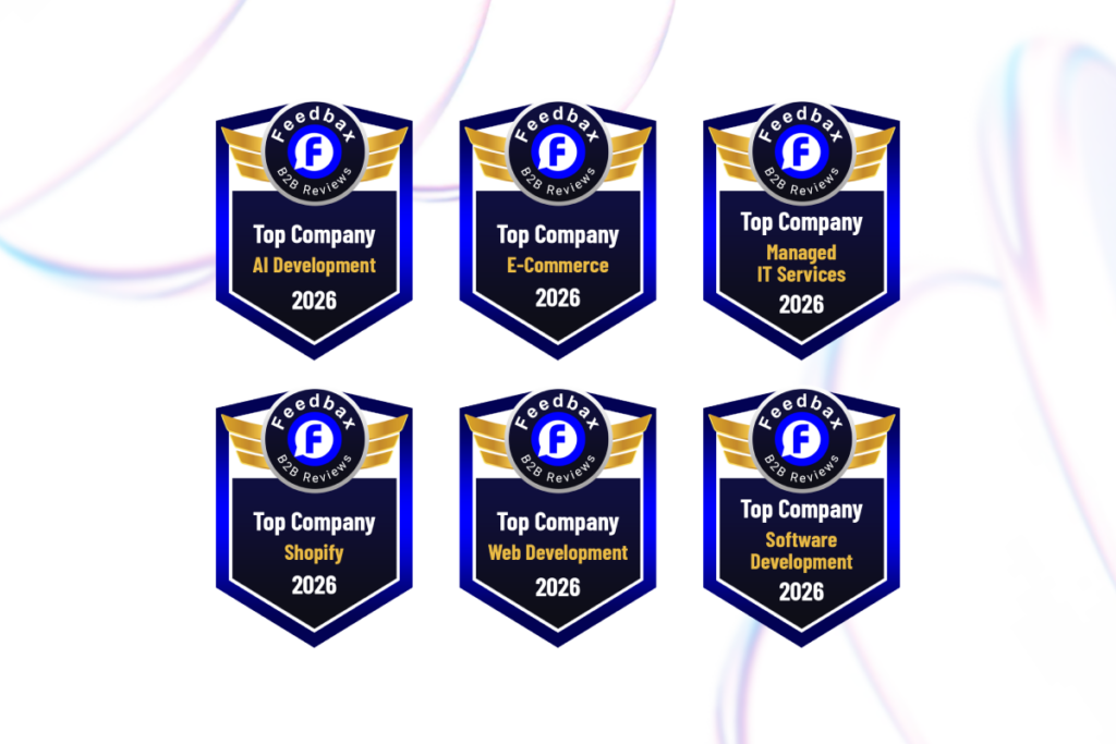 Six navy blue and gold badges each display Feedback Reviews, a white F in a blue circle, and the title Top Company 2026 with categories: AI Development, E-Commerce, Managed IT Services, Shopify, Web Development, and Software Development.
