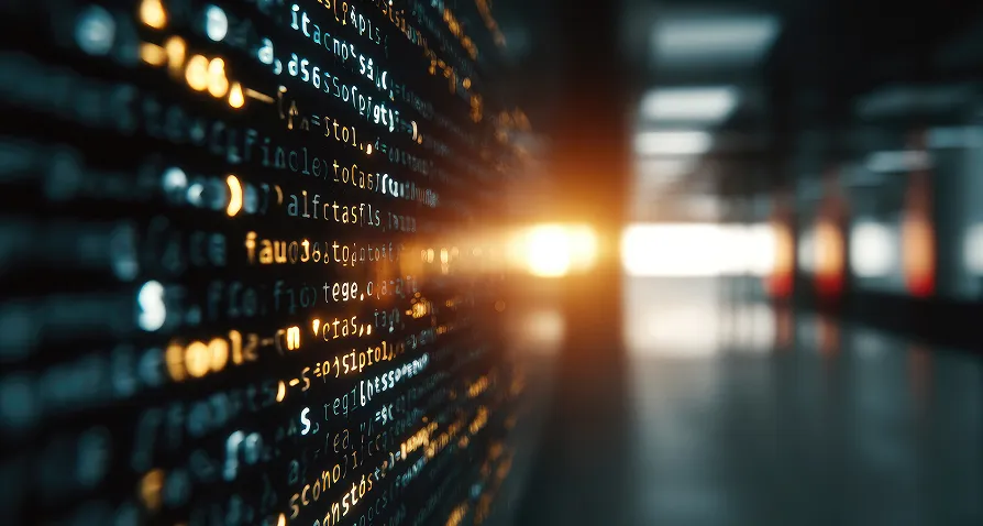 A close-up of a digital screen displays lines of glowing code in various colors. The background is blurred, showing a corridor with bright sunlight streaming in from the far end, creating a futuristic and high-tech atmosphere.