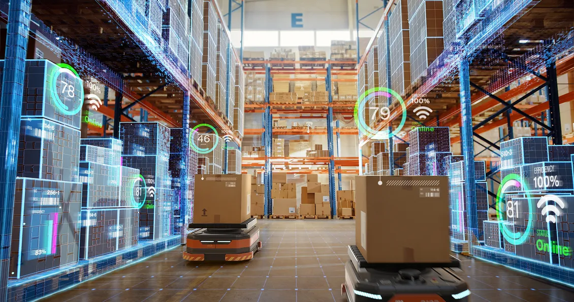 A modern warehouse with tall shelves full of boxes and parcels. Autonomous robots carry packages on the floor. Digital holographic interfaces display data like Wi-Fi, battery, and stats, showing an advanced, automated logistics environment.