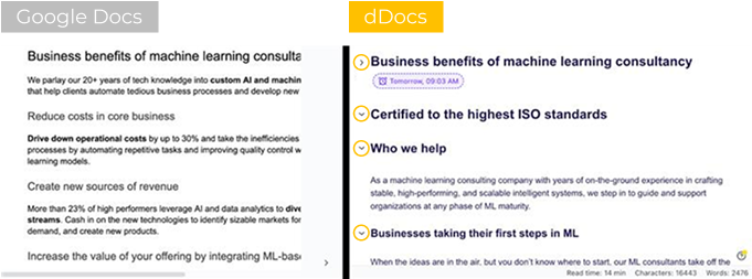 A side-by-side comparison of two machine learning consultancy web pages. The left page, labeled Google Docs, uses plain formatting with black text on white. The right page, labeled dDocs, uses bold headings, bullet points, and colored icons for a more structured, visually engaging layout.