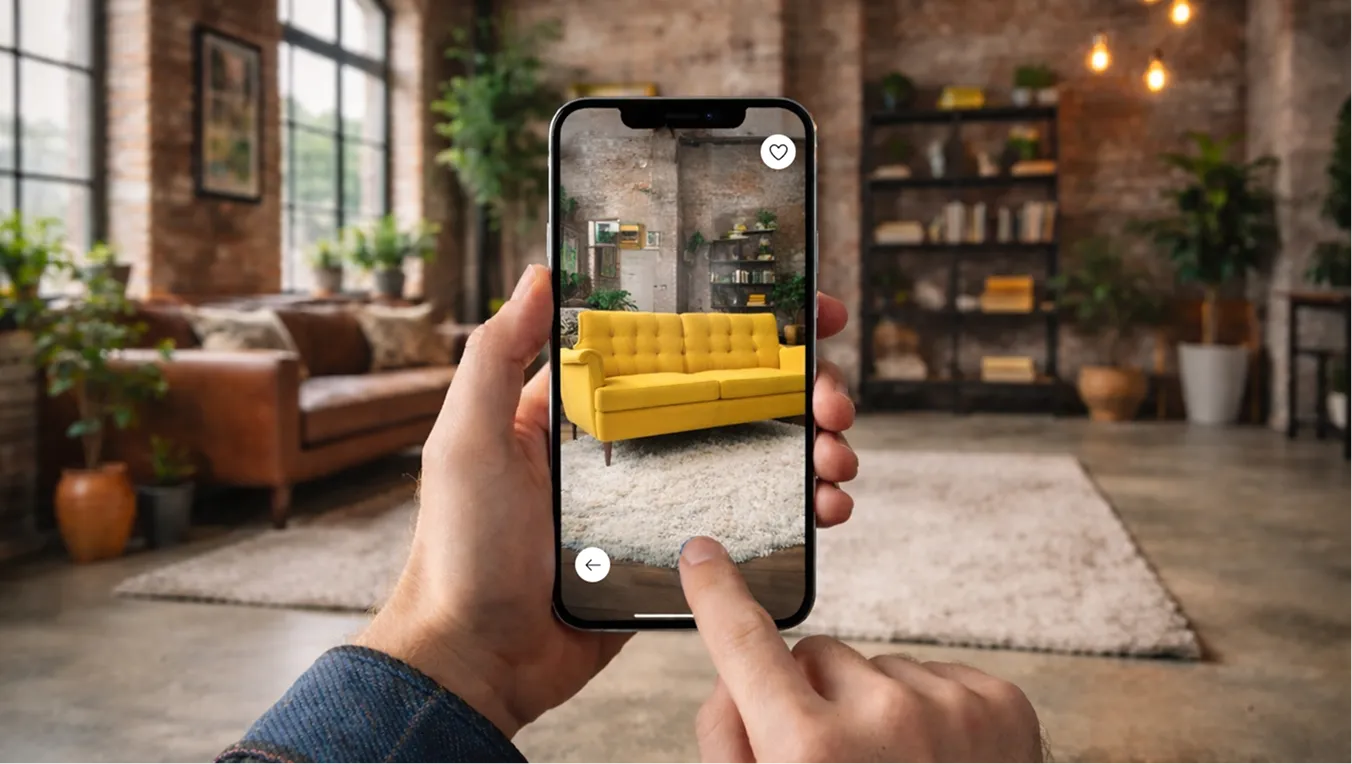 A person holds a smartphone, using an app to preview a yellow sofa in a living room. The real room has brown leather furniture, shelves, plants, and large windows. The phone screen shows the yellow sofa on a rug in the same space.