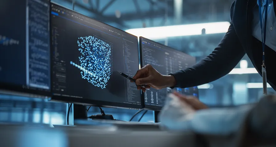 A person points at a computer monitor displaying a 3D data visualization with scattered blue and white dots. Other monitors show code and graphs. The setting appears to be a modern office or tech lab with a professional, high-tech atmosphere.