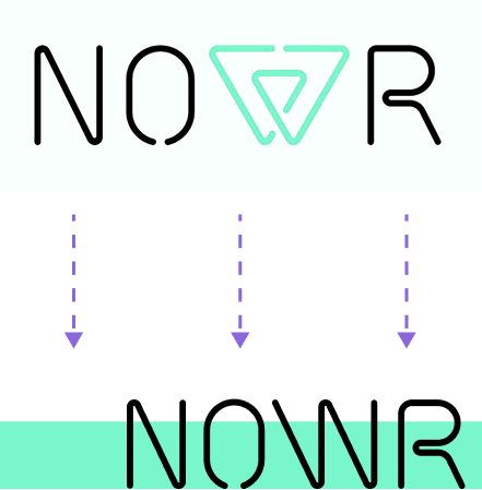 The image shows NOWR with the W as a turquoise geometric triangle. Below, three dashed arrows point down to a second NOWR, this time with a standard black W. The background has white and turquoise bands.
